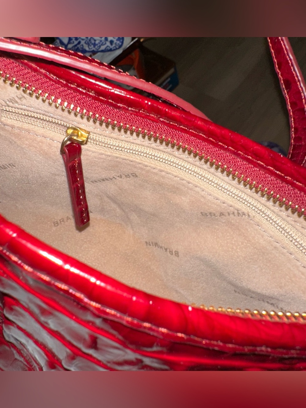 Brahmin Croc-Embossed Leather Shoulder Bag in Deep Burgundy - Picture 6 of 10